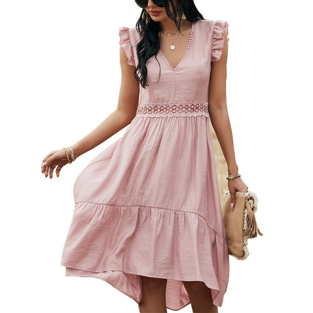Women Knee-length Dress Elegant A-line Long Sleeve Ruffles Loose Swing Dress